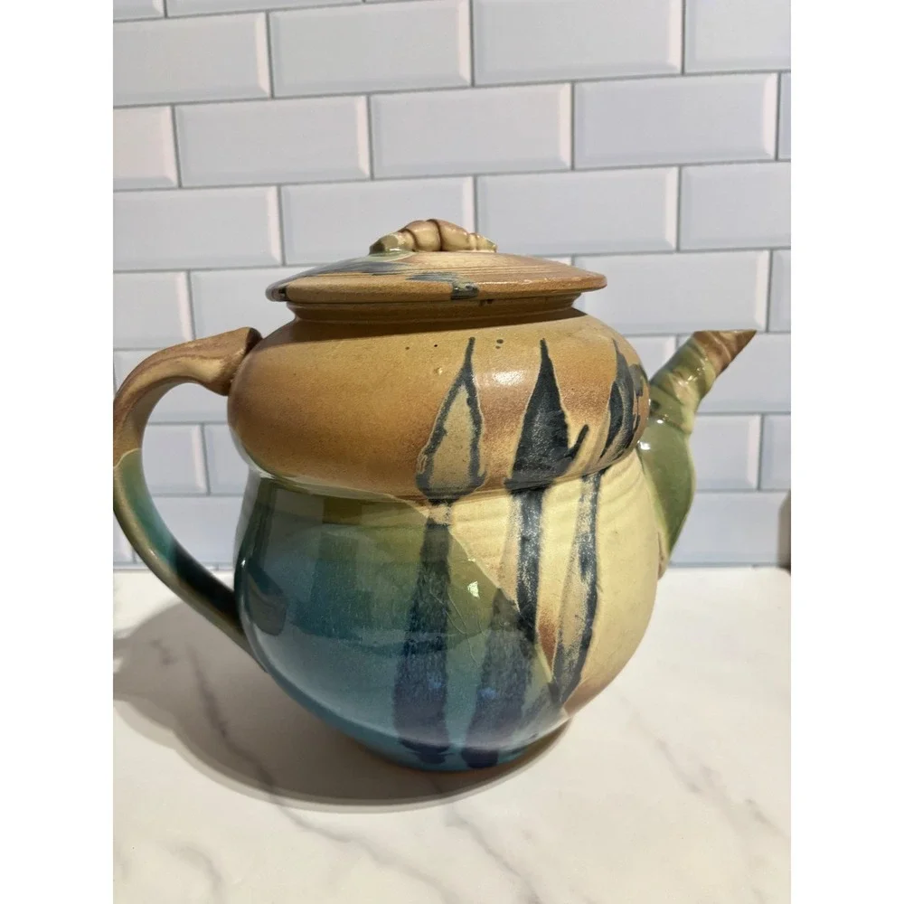Studio Pottery Hand Thrown Teapot Blue Earth Tone Drip Glaze Signed Artisan Tea